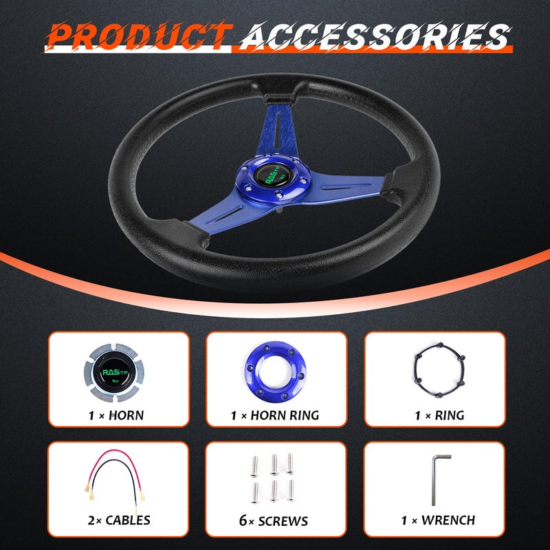 RASTP Universal Racing Steering Wheel 13.8â€/350mm 6 Bolts Grip Vinyl Leather & Aluminum with Horn Button for Car - Blue - Image 4
